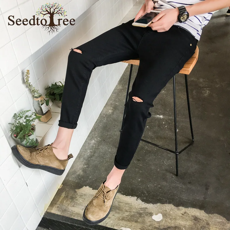Solid Color Hole Casual Men's Jeans Small Feet Slim Men's Denim Trousers Ankle Length Pants