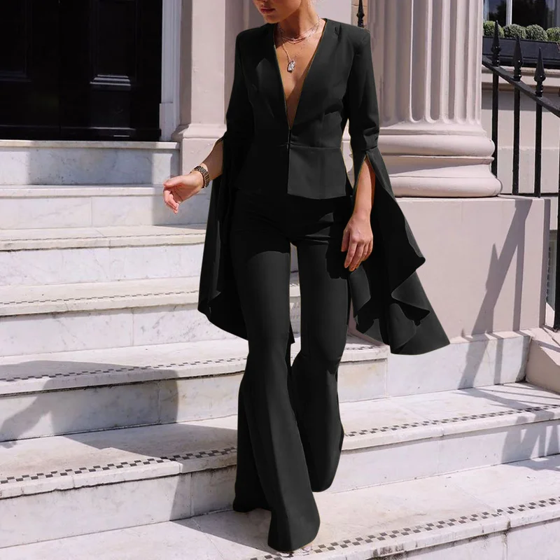 

2021 Women Flare Pants Suits V-Neck Solid Colors Casual Office Blazer Set Fashion Irregular Ruffles Sleeve Blazer Two Piece Set