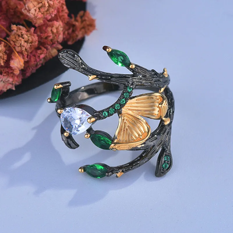 

Gothic Female Green Crystal Stone Ring Classic Black Gold Hollow Engagement Rings For Women Punk Butterfly Branch Wedding Ring