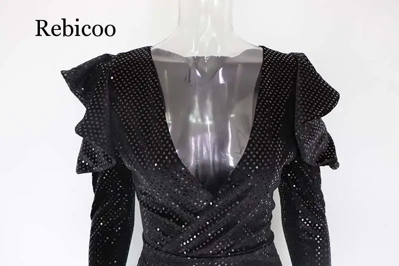 

Sexy Black Sequined Ruffle Sleeve Mini Dress Women's Cropped Detail V-neck Party Club Dress