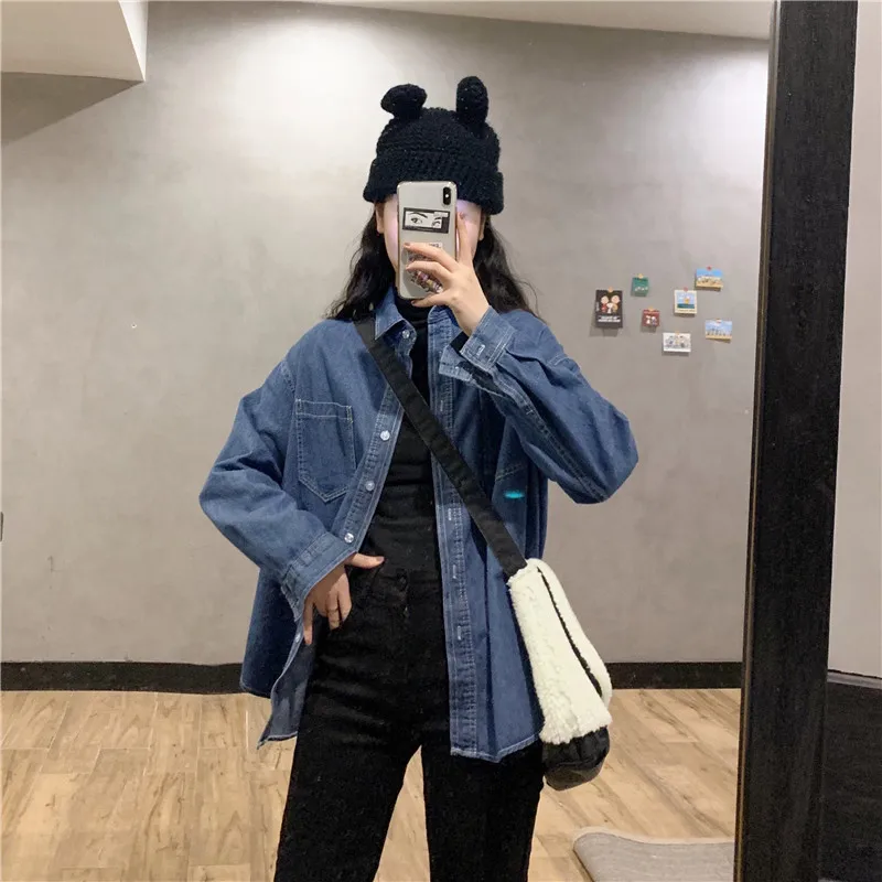 

2021 Spring Women Vintage Denim Blouses Fashion Lapel Long Sleeve Single-breasted Loose Shirt Female Chic Tops Roupas Feminina