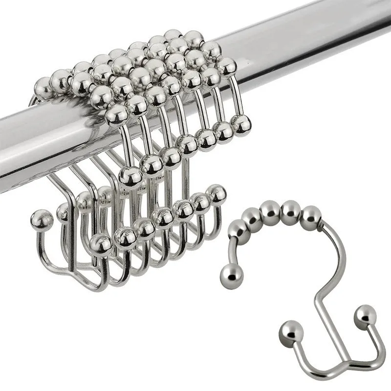 

12pcs Stainless Steel Curtain Hooks Bathroom Shower Curtain Rings 8 Roller Ball E type Hang Buckle Decorative Hardware Fastener
