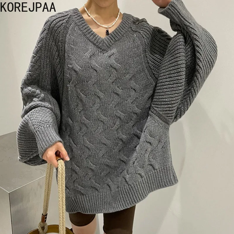 

Korejpaa Casual Knitted Cardigan Women Autumn Lazy Fashion Female V-neck Batwing Sleeve Loose Knitwear Pullover Elegant Sweater