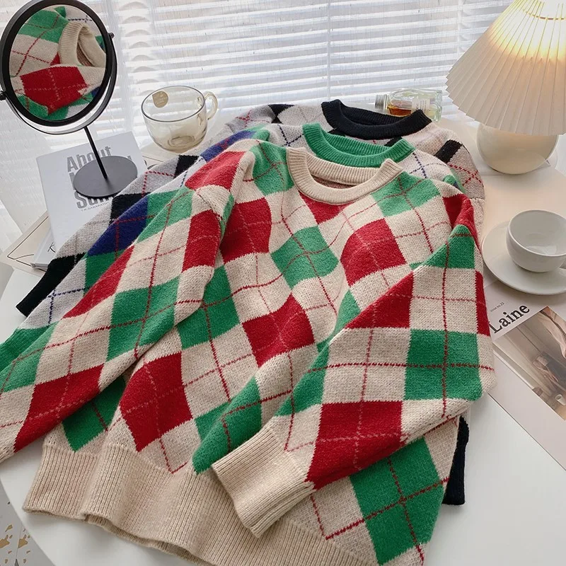 

2021 Spring Autumn Women Color Block Plaid Knitted Sweater Casual Femme Jumpers Ladies O Neck Long Sleeve Knitwear Pullover Tops