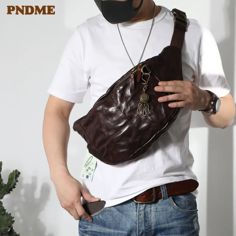Fashion pleated men's daily natural luxury genuine leather large-capacity chest bag vintage cowhide multifunctional waist Pack