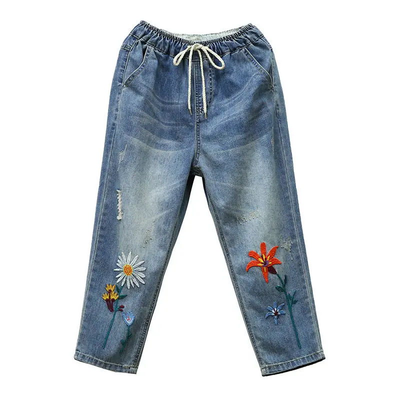 

Mom Jeans Summer Embroidery High Waist Boyfriend Jeans For Women Hole Ripped Jeans Casual Plus Size Denim Harem Pants C6279