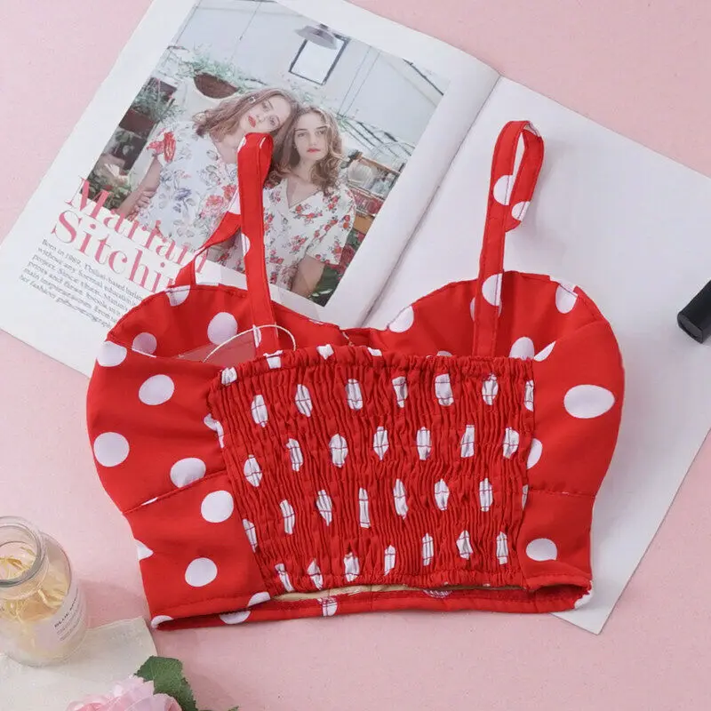 Женский сексуальный топ в горошек без рукавов летний короткий на бретельках с