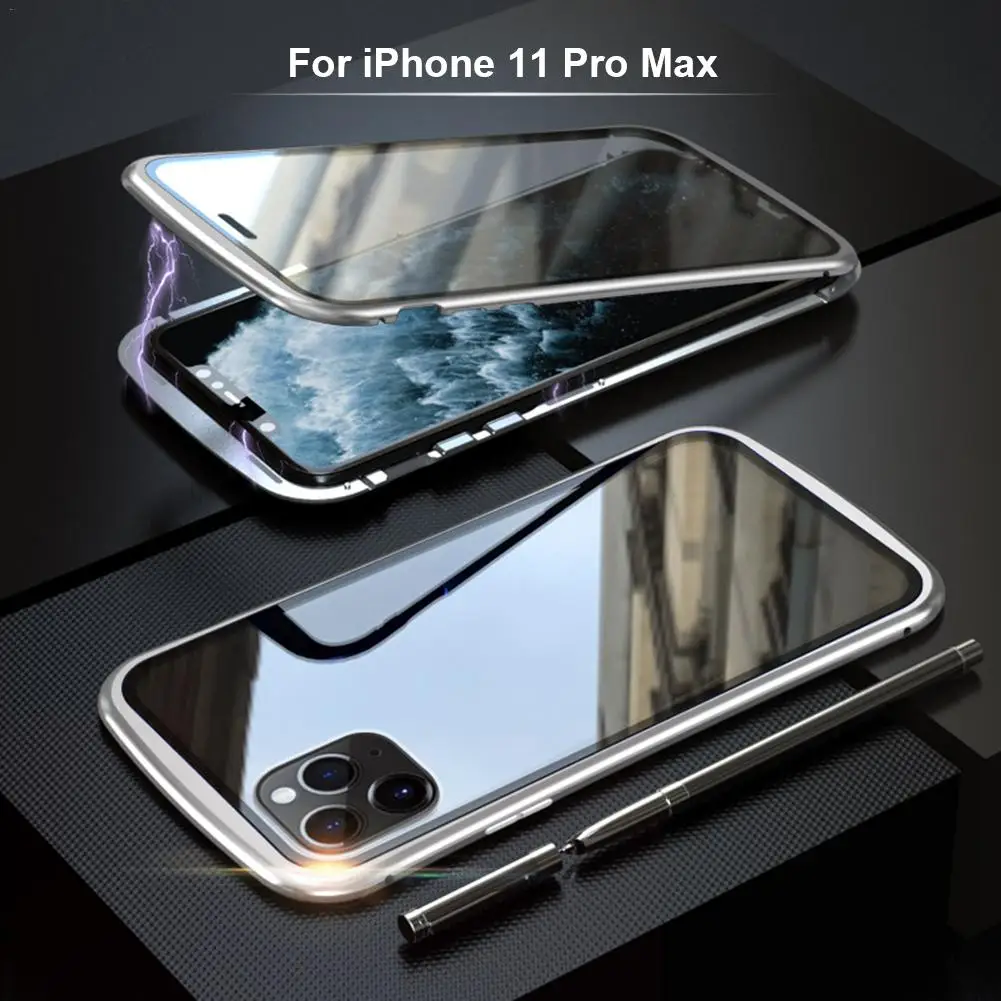 For iPhone 11 Pro Ma Магнитный чехол Адсорбция мобильного телефона металлический каркас двойное закаленное стекло чехол для IPhone 11 Pro Max - Цвет: For iPhone 11 Pro Ma