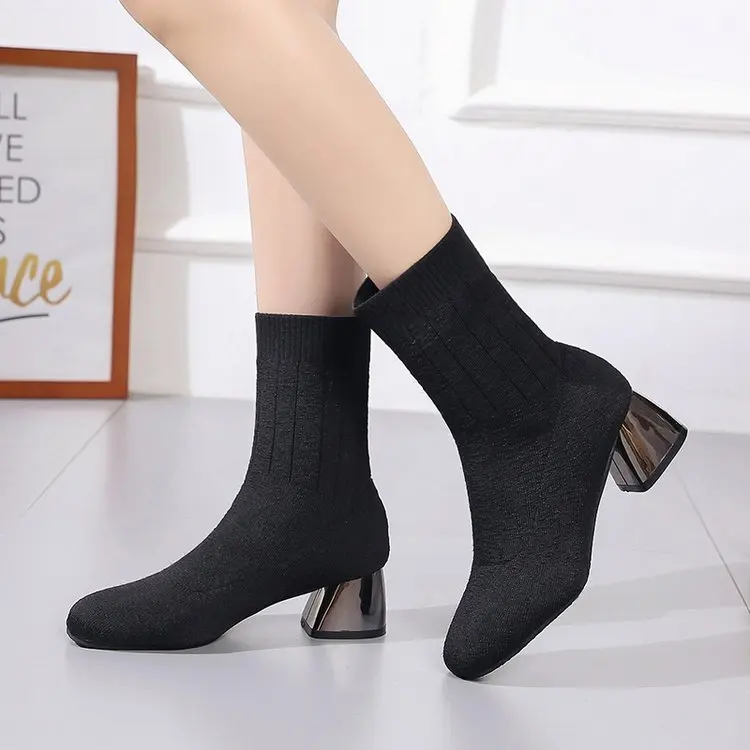 Черные вязаные эластичные сапоги средней высоты Полустелька Женские Элегантные