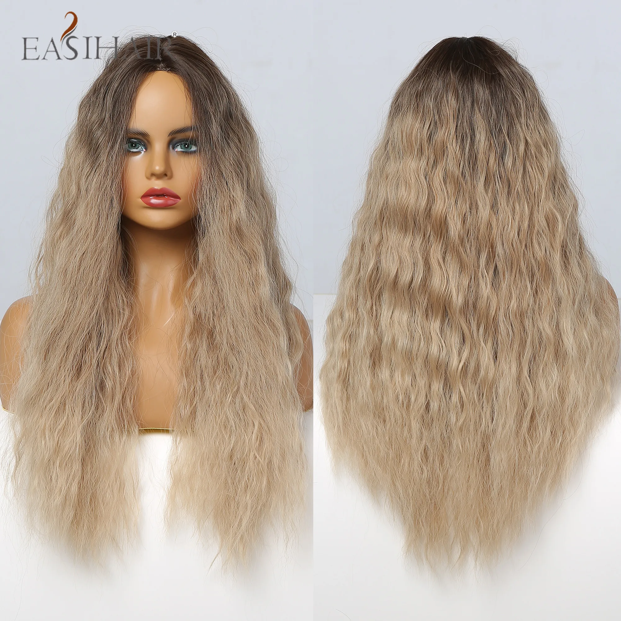 

EASIHAIR Synthetic Long Curly Hair Wigs Ombre Beige Brown Blonde Heat Resistant Fiber Middle Part Cosplay Wigs for Women
