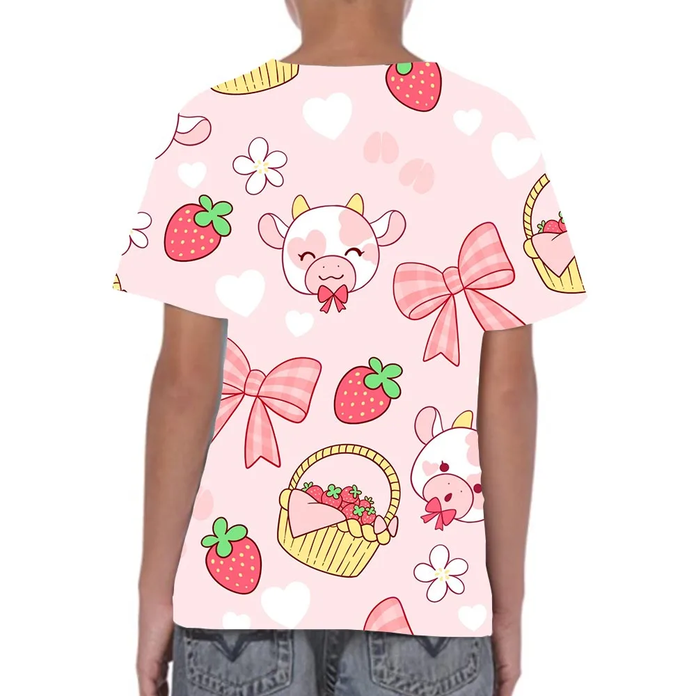 

Kid Graphic T Shirts Round Neck 3D Print Baby Short Sleeve Boy Lovely Pink Tops Cows Tees