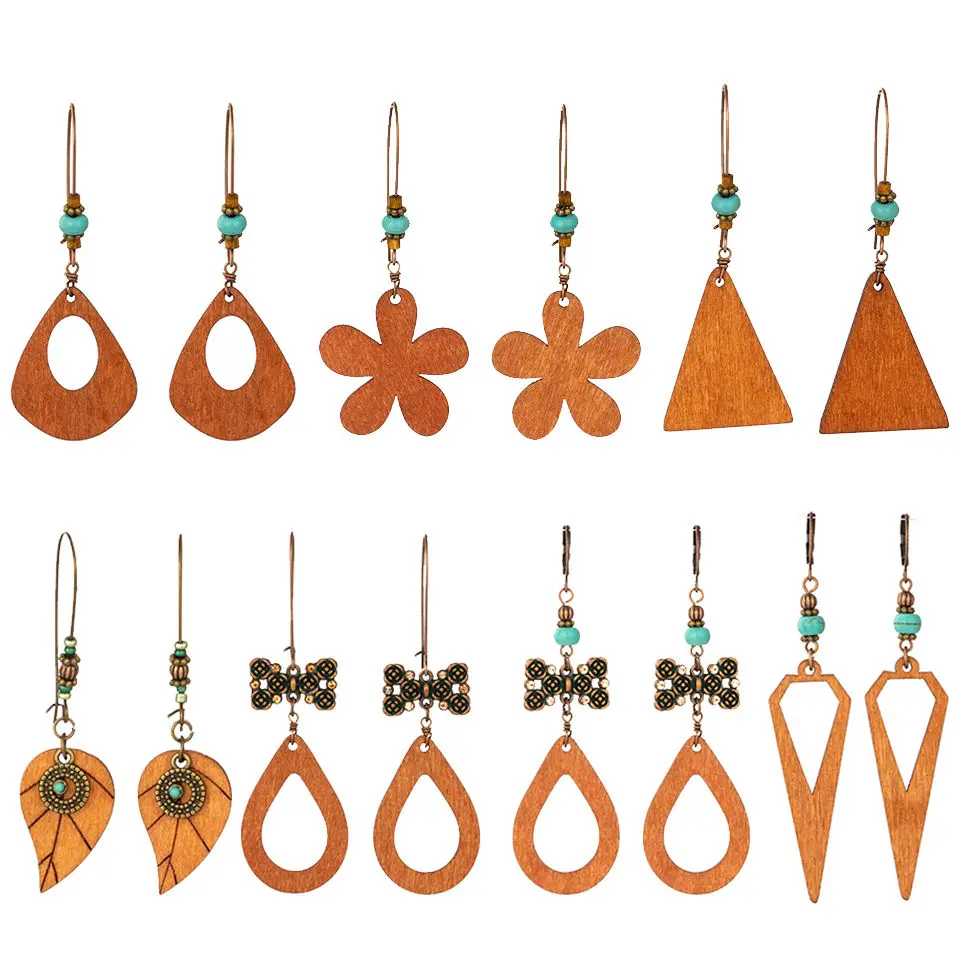 

Ethnic Boho Bohemian Vintage Multiple Types Wooden Dangle Hanging Earrings For Women Female's Drop Ear Ornament Wedding Jewelry