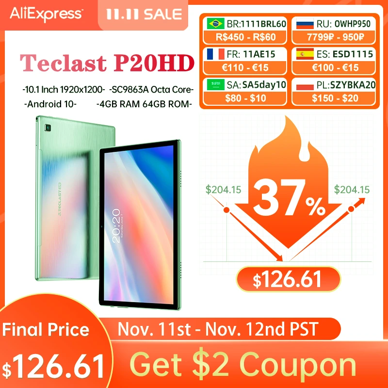 

Teclast P20HD 10.1" Tablet Octa Core Android 10 1920x1200 SC9863A 4GB RAM 64GB ROM 4G phone Call AI Speed-up Dual Wifi Tablet PC