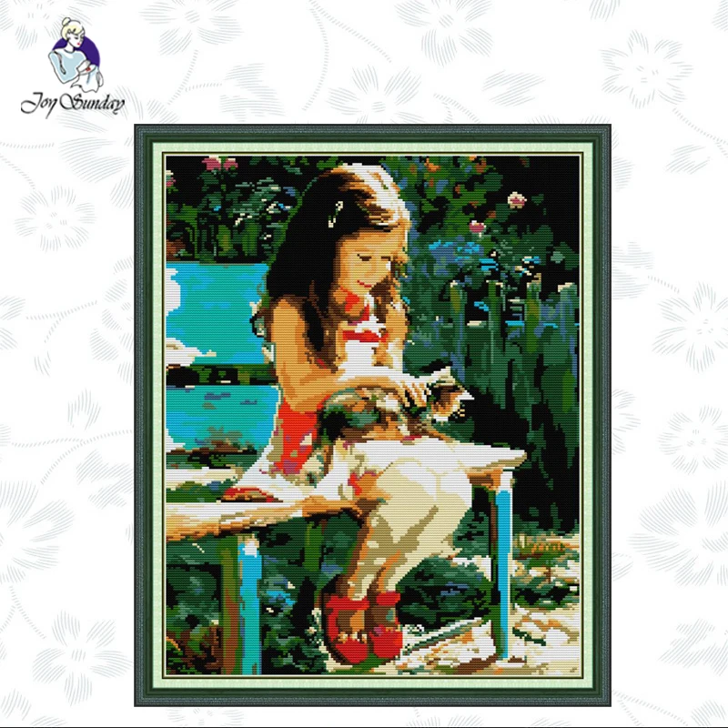 

Joy Sunday,Girl and Cat,cross stitch embroidery kit,11CT Portrait pattern cross stitch,Needlework counted cross-stitch patterns
