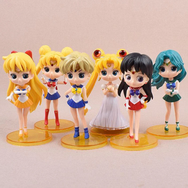 

6pcs/set Anime Q Posket Cute Tsukino Usagi PVC Anime Wedding dress Dolls Collectible Q Version Model Toy birthday gift