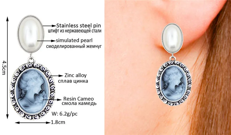 Oval Pearl Earrings Stud For Women Lady Queen Cameo Stud Vintage Look Antique Silver Plated Fashion Jewelry TE492