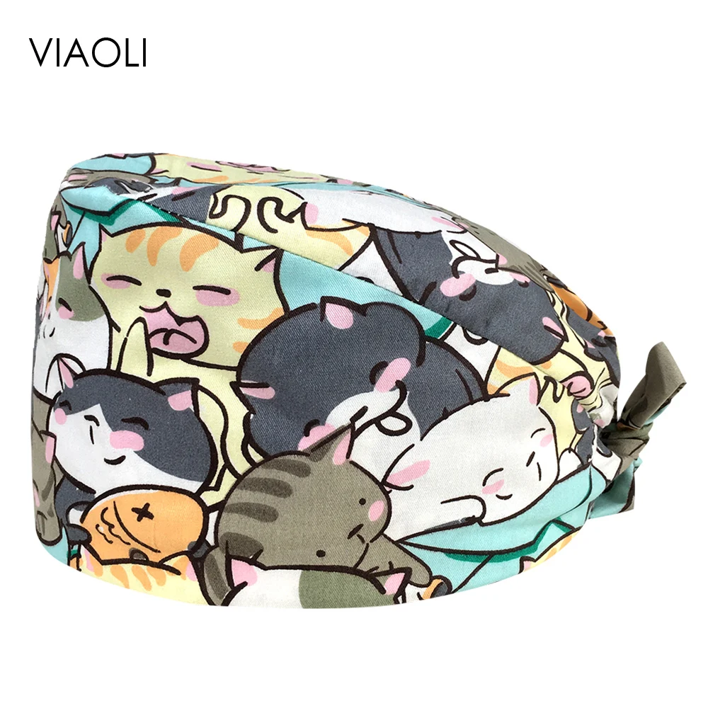 

Cotton Anime Printing Hats Scrubs Caps with Sweat-absorbent High Quality Adjustable Elastic Multicolor Pet Shop Scrubs Hats 1PC