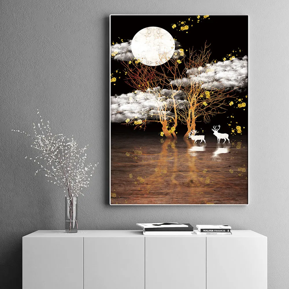 Винтажная картина с изображением пейзажа холст белая луна настенный плакат