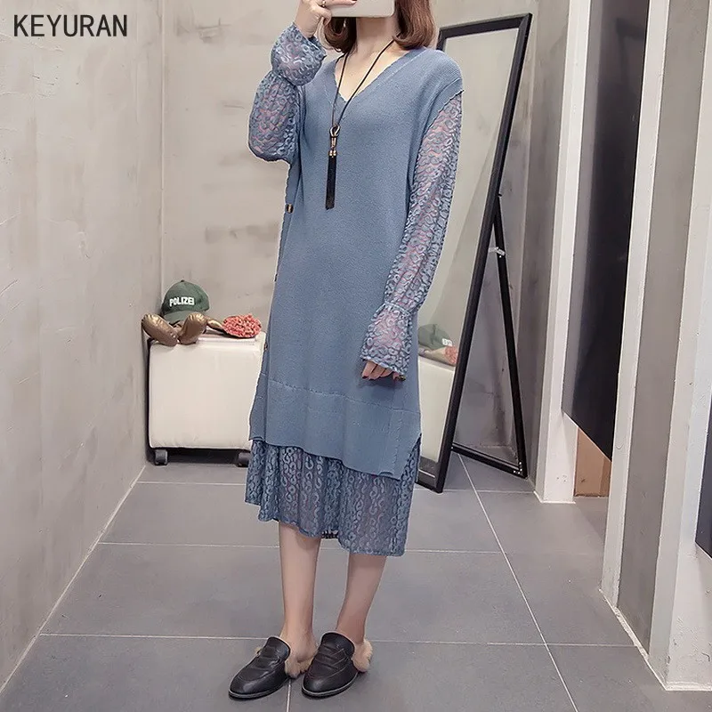 Женское кружевное лоскутное трикотажное платье-свитер для детей 2021 Новинка на