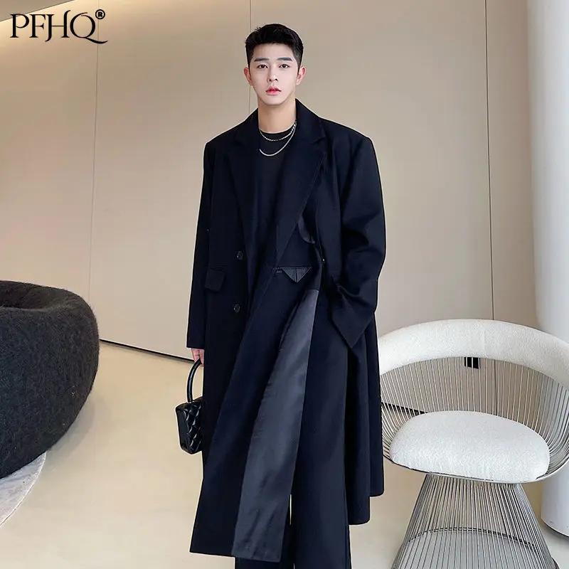 

PFHQ 2021 New Men's Fashion Loose Notched Satin Stitching Deconstructed Side Slit Double Layer Woolen Coat Autumn Winter 21E362