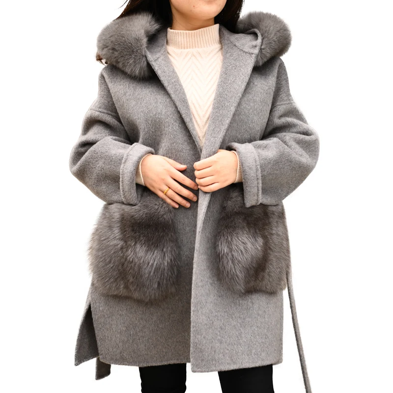 

Женское кашемировое пальто MAOMAOfUR, Однотонное шерстяное пальто с капюшоном и карманами из лисьего меха, с большими карманами и поясом, верхня...