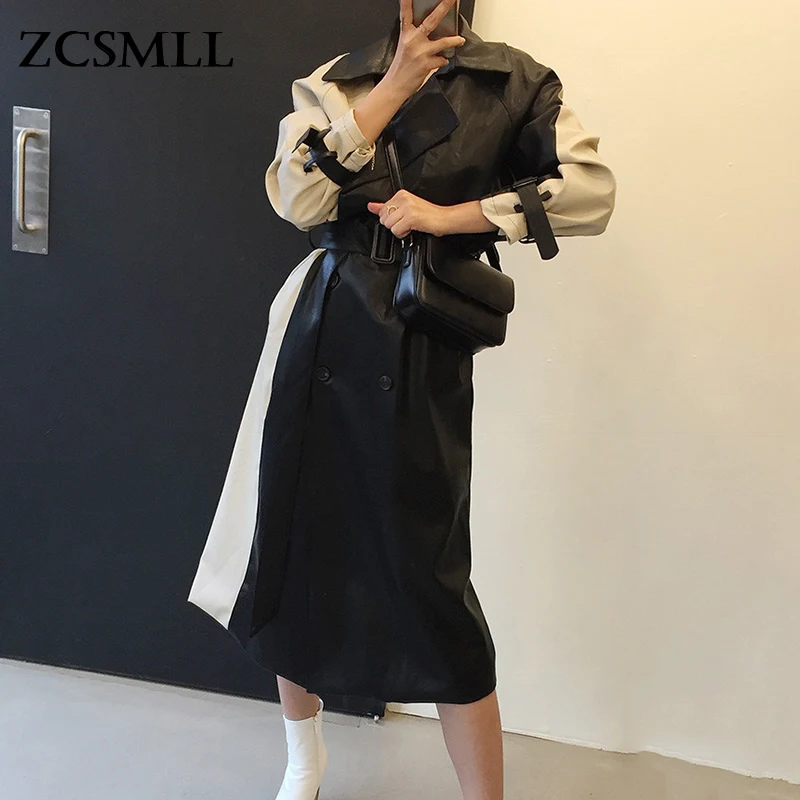 

ZCSMLL Turn-down Collar Patchwork Color Windbreaker Wrinkle Trench Puff Sleeve Korean Fashion 2021 Autumn Winter Women Coat
