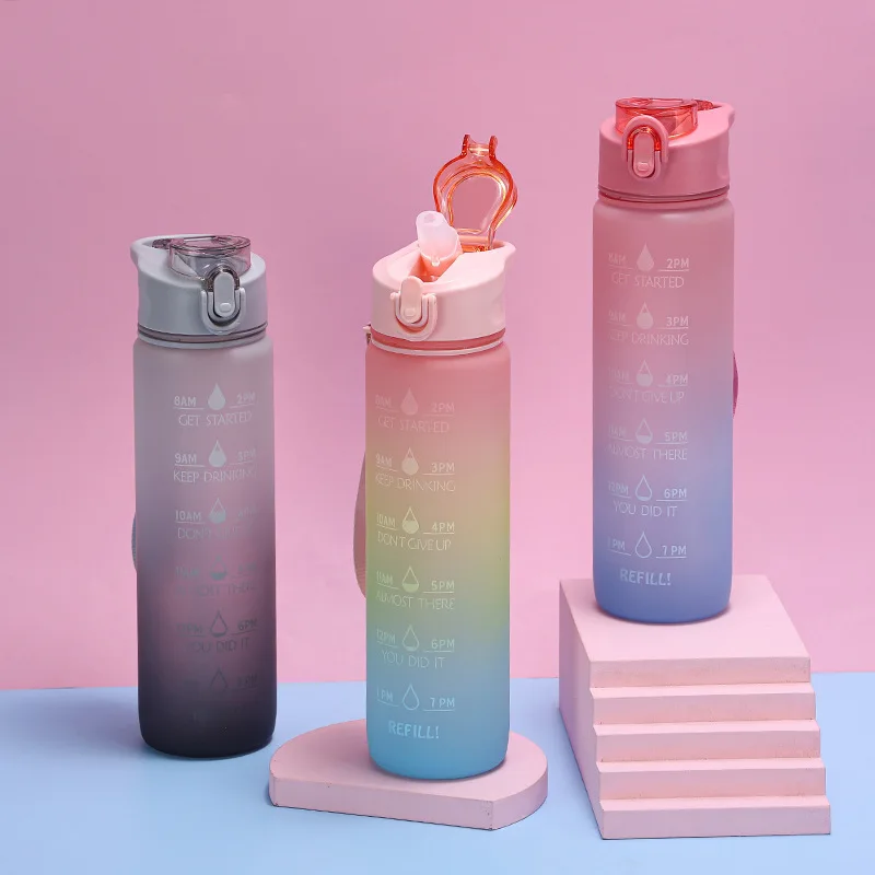 1000 ML Water Bottle With Bounce Cover Time Scale Reminder Frosted Leakproof Cup Rainbow Gradient Outdoor Sports |