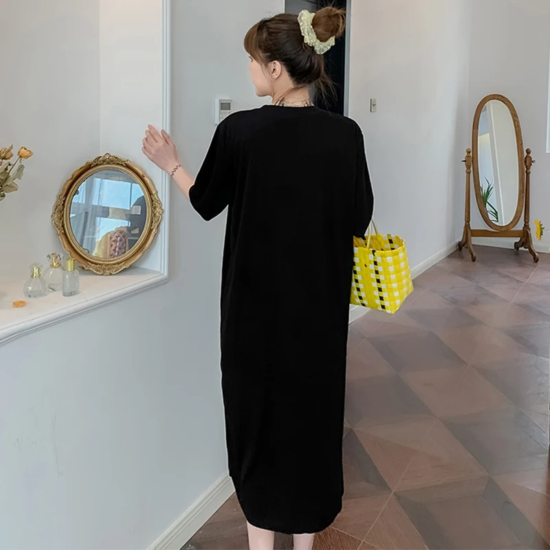 

Dress Summer 2021 New Women's plus Size Loose Long Casual T-shirt Skirt round Neck Short Sleeve Black Dress