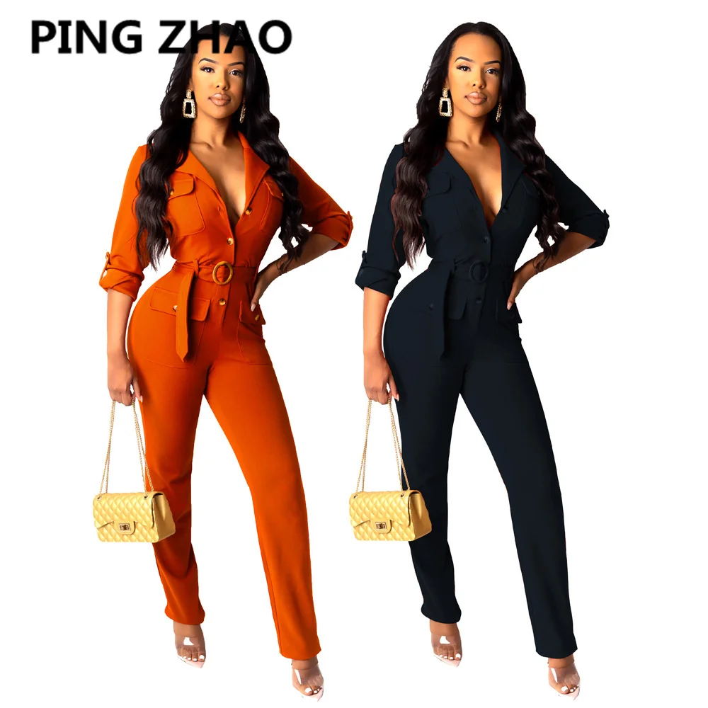 

PING ZHAO Women Jumpsuit Autumn Long Sleeve Lace-Up Playsuit Overalls Casual Button V-Neck Pocket Romper Bodysuit