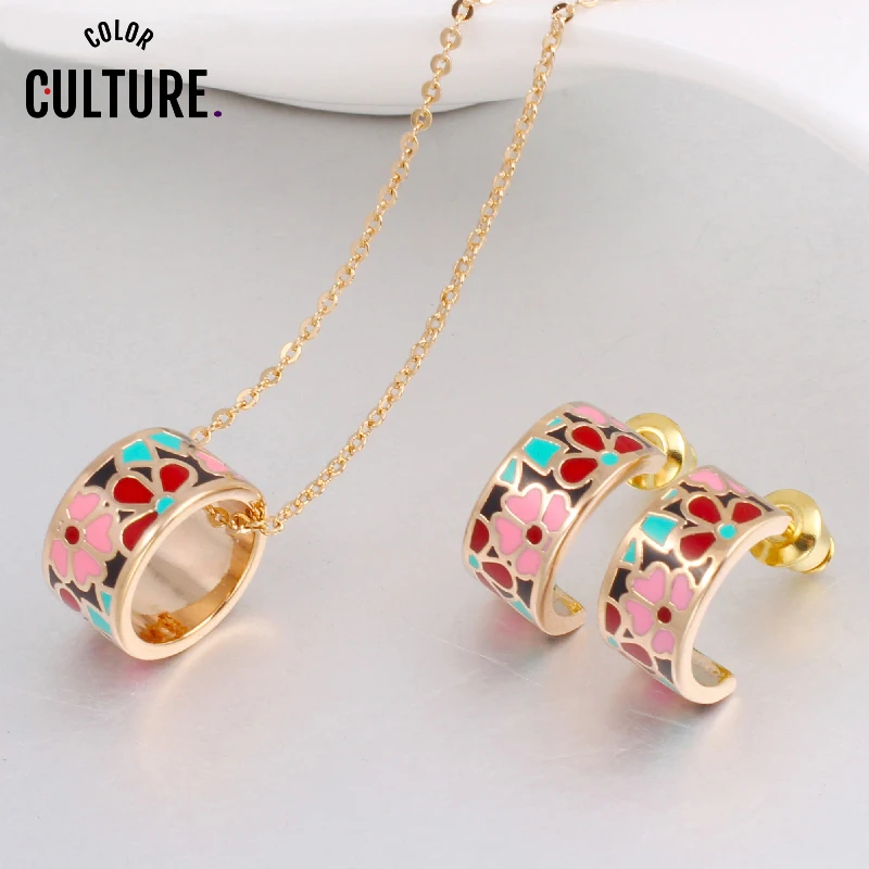 Женский комплект украшений из колье серёг и эмали элегантный ювелирный костюм