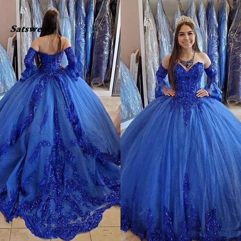 Princess Arabic Royal Blue Quinceanera Dresses 2022 Lace Applique Beaded Sweetheart Prom Dresses Lace-up Sweet 16 Party Dress