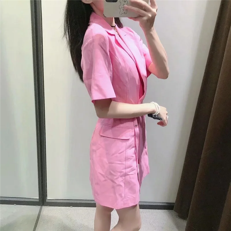 

design lady's suit jacket dress 2021 wrapped in pink with a short summer dress belt short sleeve mini dress more elegant dress