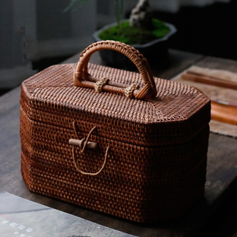 

Woven Storage Chests with Lid & Button Hand- woven Rattan Desktop Storage Box Basket Kung Fu Teaware Tea Ceremony Accessory