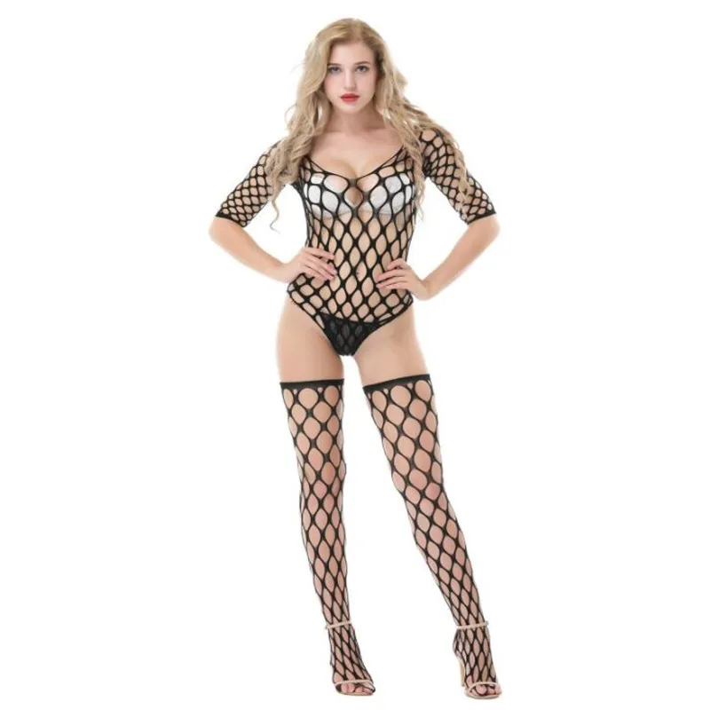 Новинка Черные Оригинальные ажурные сиамские сетчатые комбинезоны с рукавами
