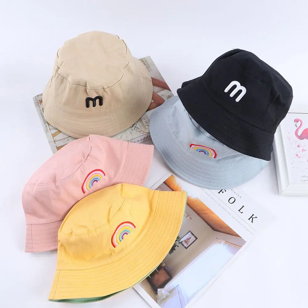 

Korean Spring Bucket Hat For Kids Children Cute Double Two Side Letter Embroidery Fisherman Caps Trendy New Baby Beach Sun Hat