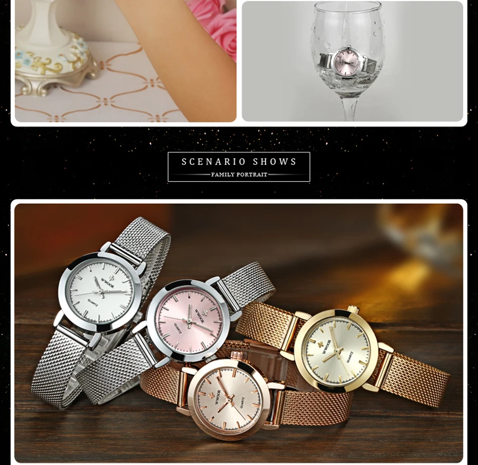 WWOOR Rose, модные женские часы, Роскошные, новые, часы для женщин, водонепроницаемые, женское платье, повседневные, сетчатый ремешок, кварцевые часы для женщин, подарки для женщин