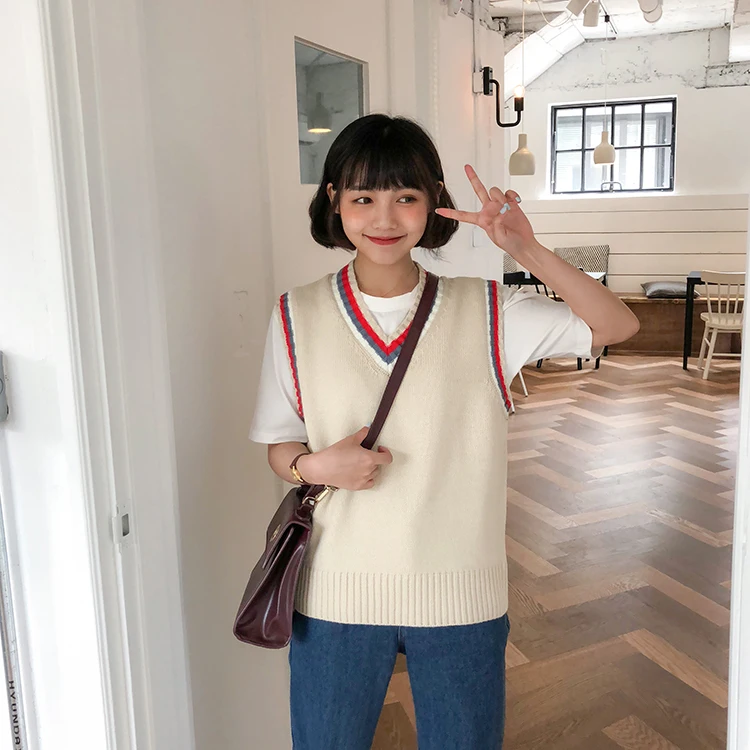 Женский вязаный свитер осень 2019 корейский стиль преппи полосатый v образный