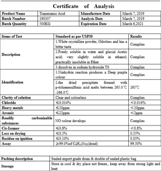 High Quality 99% Tranexamic Acid Powder For Whitenining