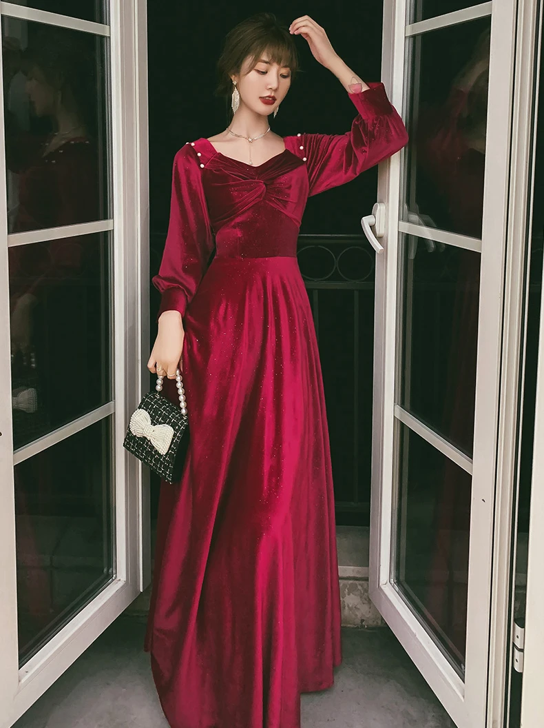 AnXin SH Princess sweetheart long sleeve velvet a line evening dress vintage zipper party brie wine red | Свадьбы и торжества