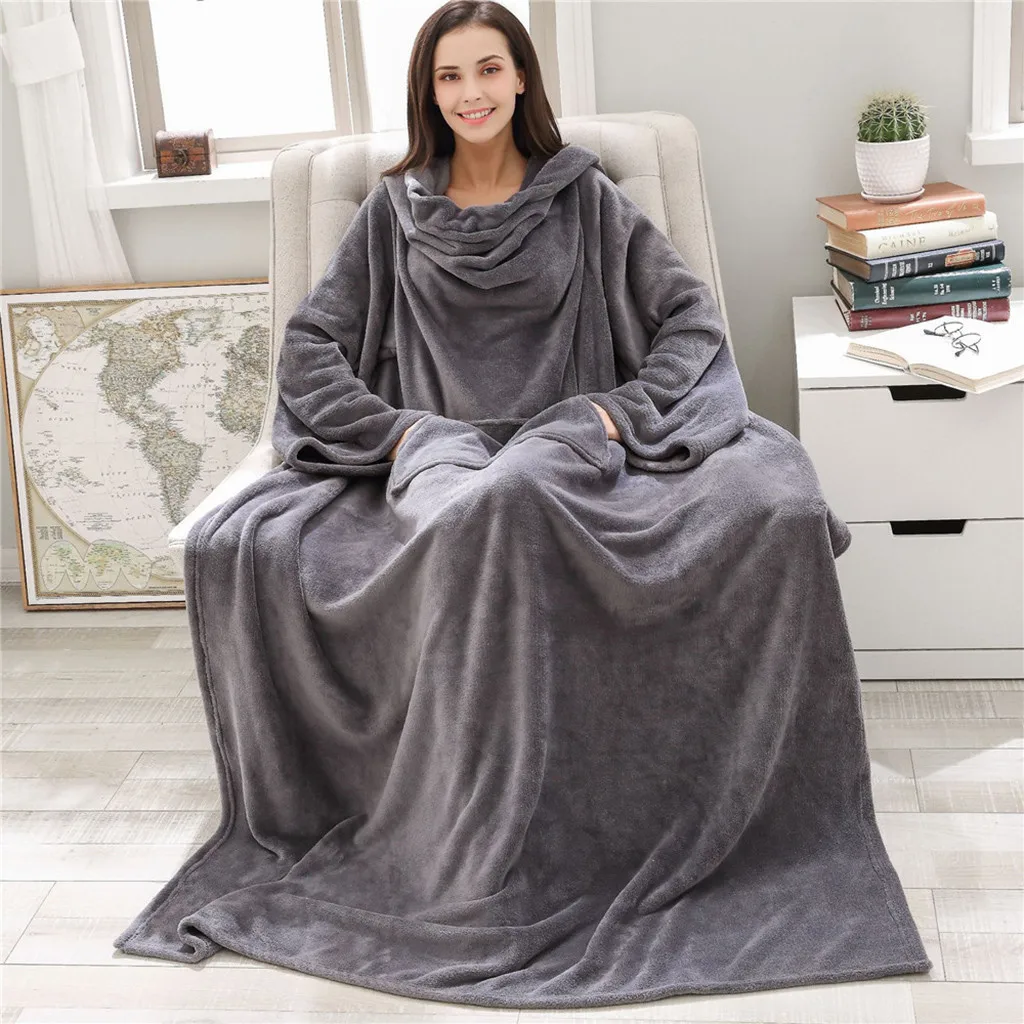 

Microfiber Plush Coral Fleece Sherpa Blanket With Sleeves Super Soft Warm Outdoor Pocket Hoodie Adult Winter Hooded TV Blankets