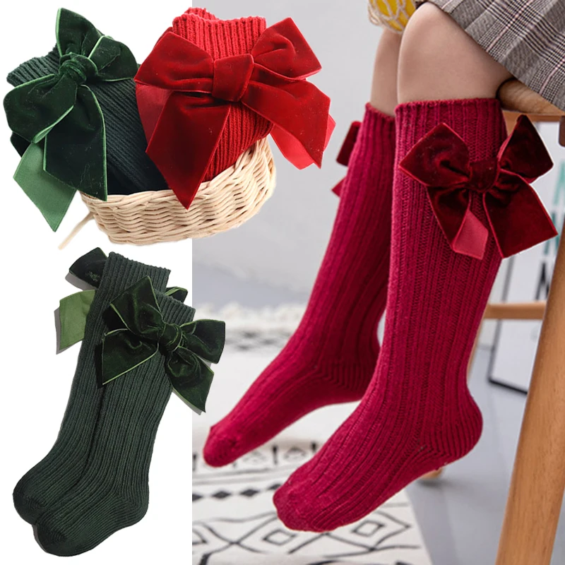 

KidsToddlers Socks Girls Big Bow Knee High Long Sock Knitted Soft Cotton Baby Children Autumn Winter Woolen Leg Warmers Socks