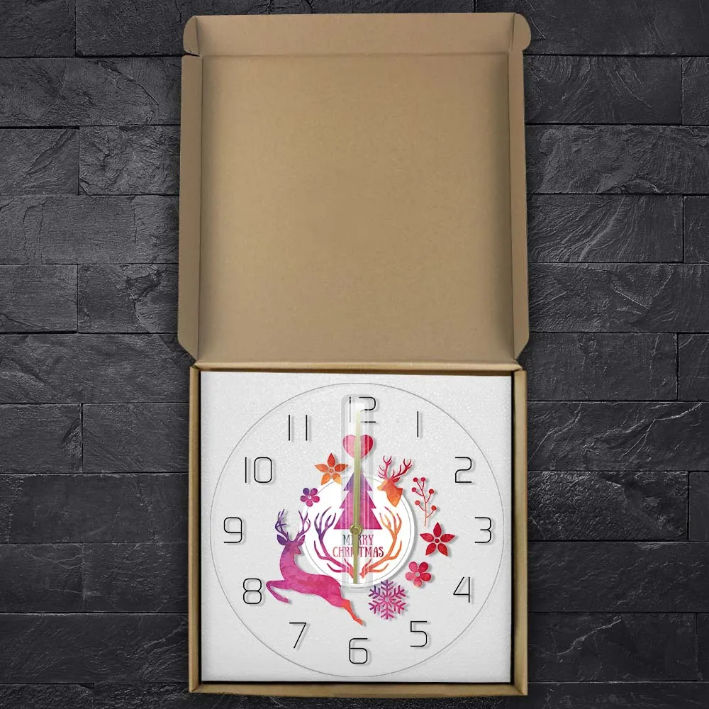 Merry Christmas Watercolor Deer Painting Print Modern Simple Wall Clock Holiday Hanging Timepiece Watch New Year Home Decor | Дом и сад