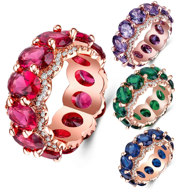 

Personality plated Rose gold Female ring Round Purple Green Blue Red Crystal Rings for Women festival Gift jewelry