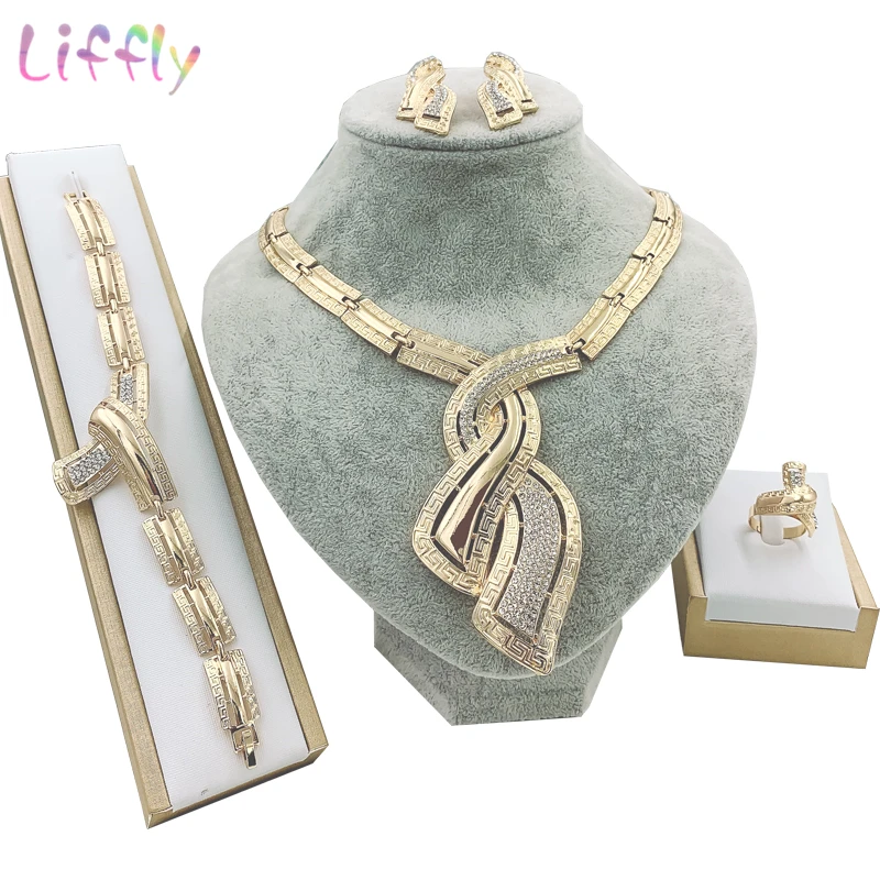 

Dubai Charm Woman Crystal Jewelry Sets Round Necklace Bracelet Gold Ring Earrings Party Fashion Bridal Jewelry Accessories