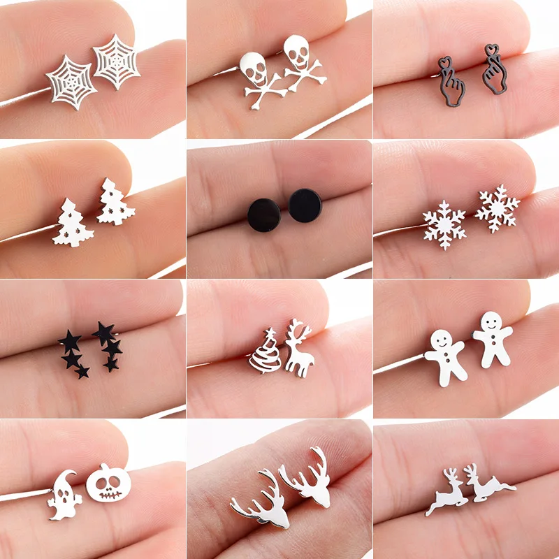 

Trend Stainless Steel Snowflake Earrings Women Kid Spider Deer Tree Ghost Gingerbread Man Earings Ear Piercing Christmas Jewelry