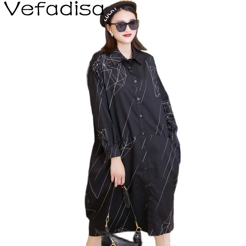 

Vefadisa 2021 Spring And Autumn New Women Clothing Black Retro Long Sleeve Shirt Dress Casual Striped Print Dress TT111