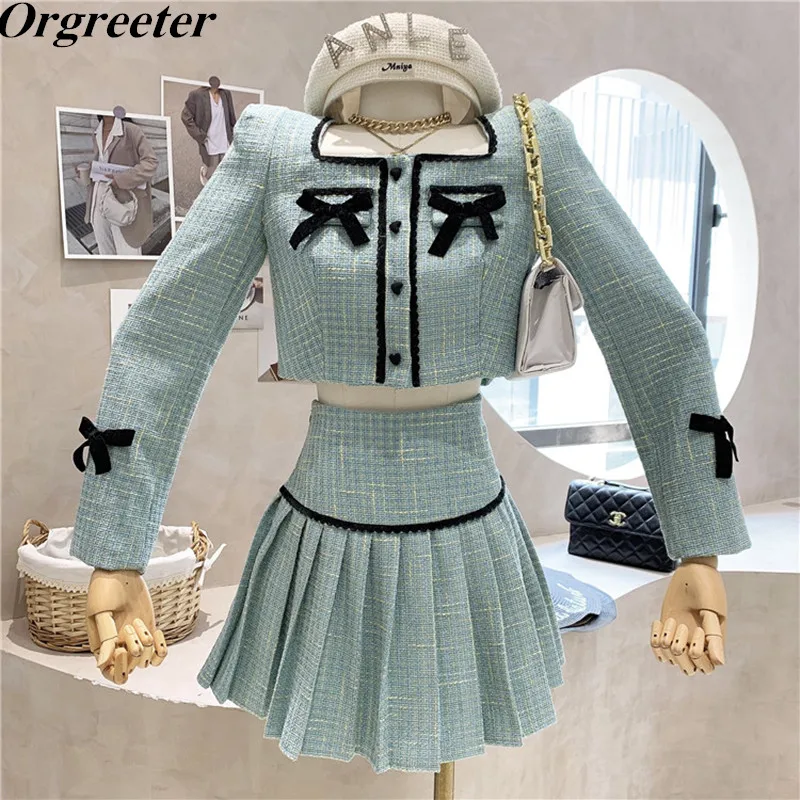 

High Quality Fall Winter Tweed Two Piece Set Women Sweet Bowknot Crop Top Jacket Coat + Mini Pleated Skirt Suits Ensemble Femme