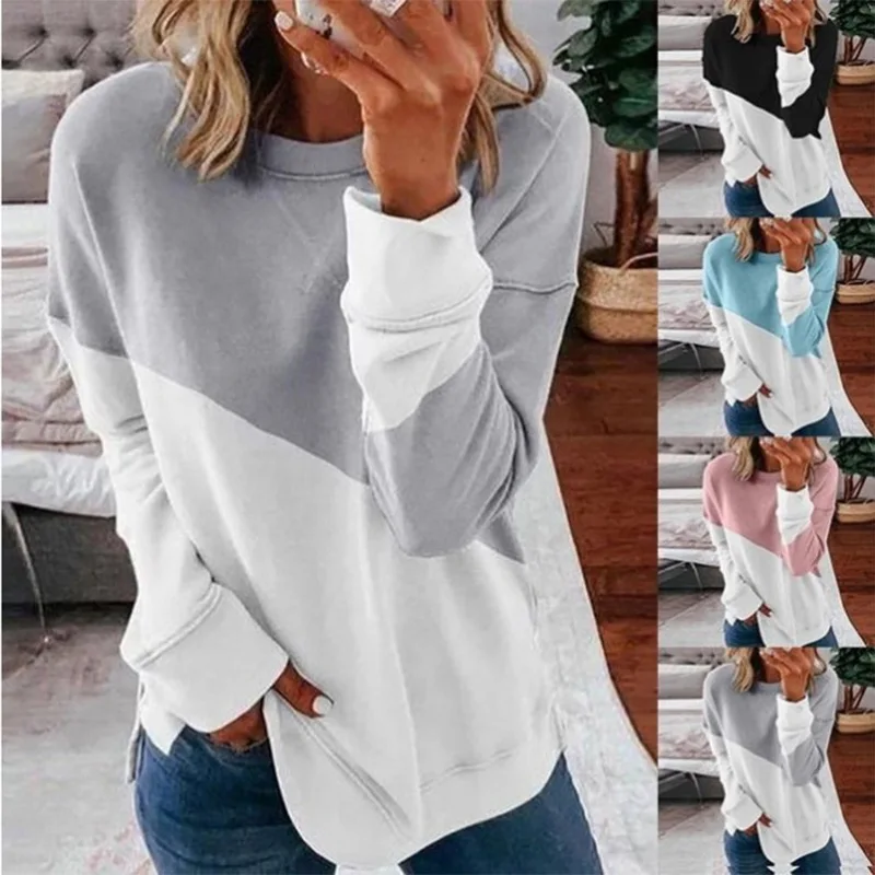 Top Women's Color Matching Long Sleeve Round Neck Contrast Color Loose Sweater T-shirt