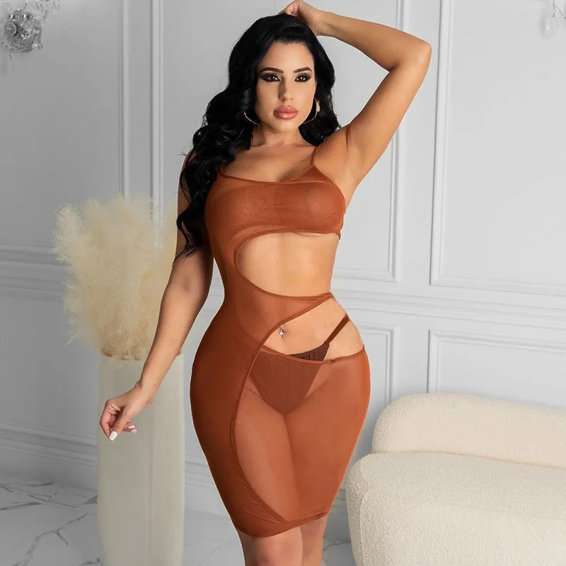 

Sexy Mini Dress Cut Out Hollow Out Irregular Solid Color Party Night Clubwear See Through Dresses For Women Outfit
