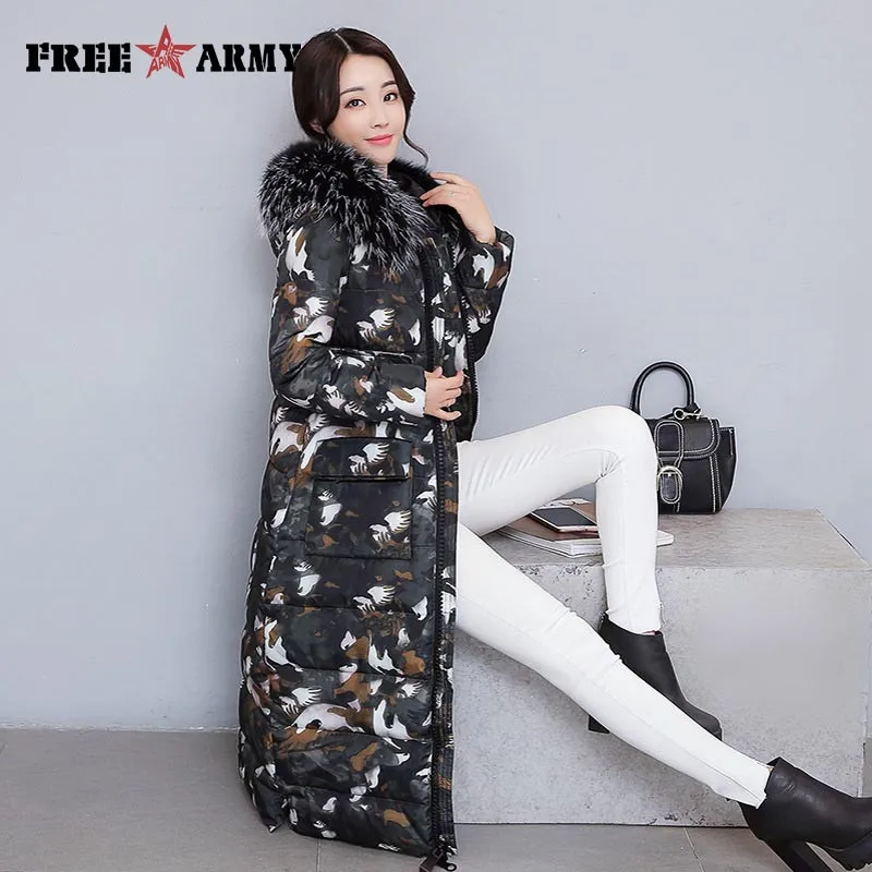 Green camouflage FreeArmy Для женщин зимняя куртка, длинная, со стройным силуэтом, толстая, с хлопковой подкладкой камуфляж Костюмы, ботфорты, теплые пальто с капюшоном куртка в уличном стиле для женщин - Цвет: Green camouflage